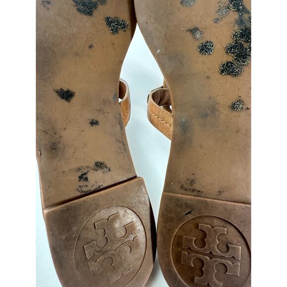 *Damaged Tory Burch Miller Leather Thong Sandals Flat Flip Flops Gold Logo 7.5 M - Picture 8 of 16